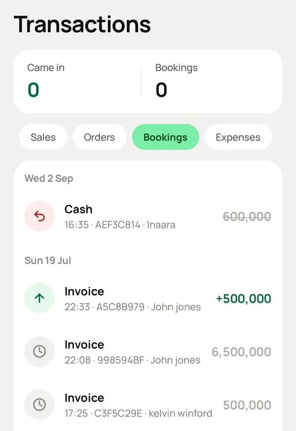 Transactions filtered to bookings.