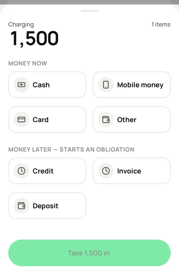 The charge sheet: cash, mobile money, card or other now — credit, invoice or deposit later.