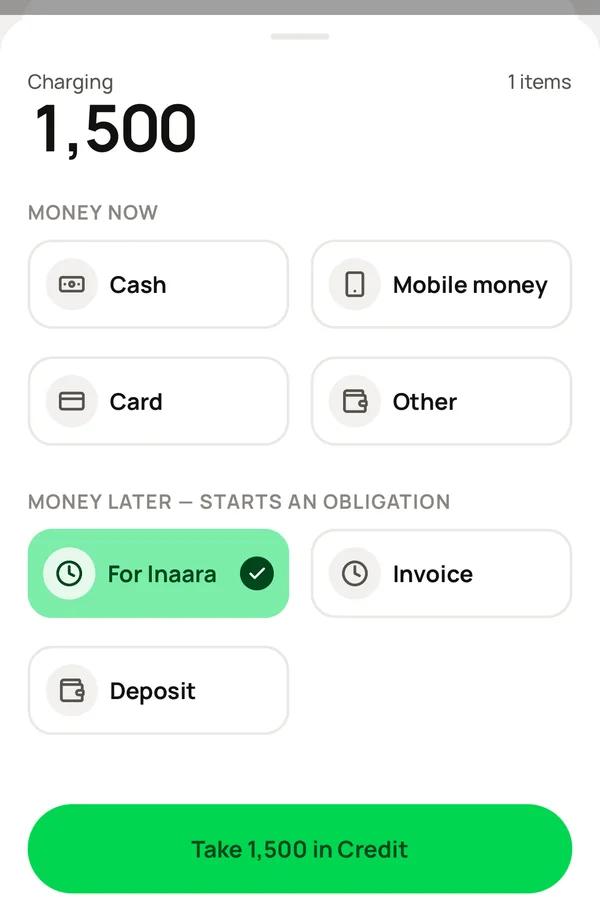 The charge sheet with Credit chosen for a named customer, and the button to take the sale on credit.