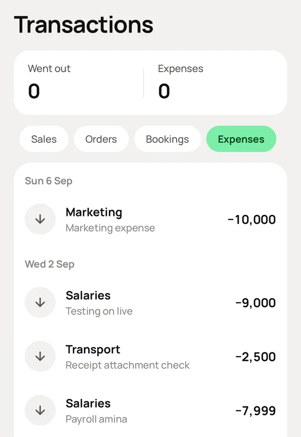 Transactions filtered to expenses: marketing, salaries, transport.