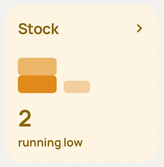 The Stock card on Home: two items running low.