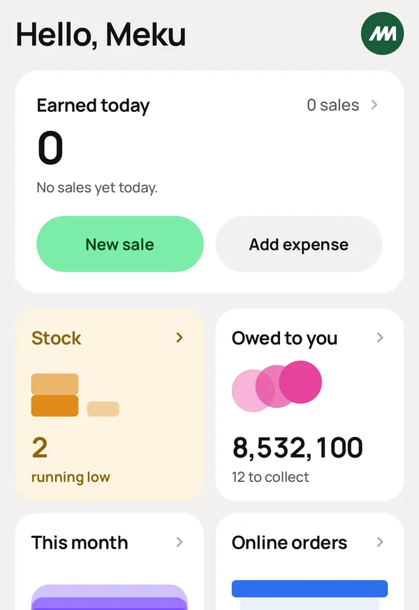 The Home screen: what you earned today, a New sale button, and the Stock and Owed cards.