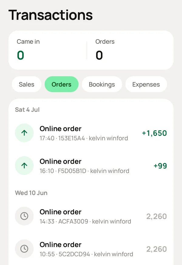Transactions filtered to online orders.