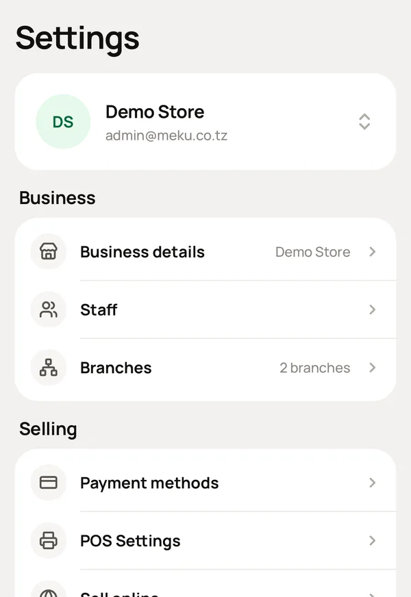 Settings: the business, its staff and branches, and how it sells.